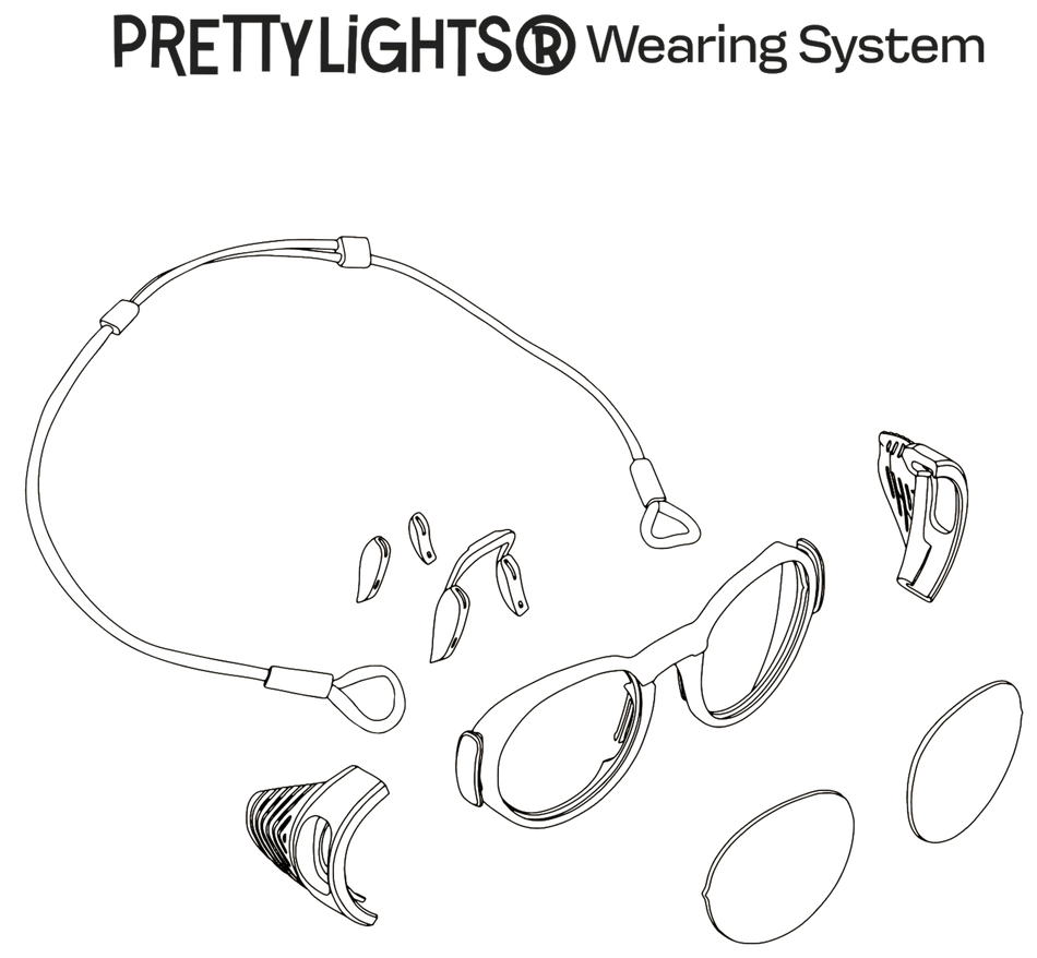 PrettyLights Wearing System — exploded diagram showing frame, strap, side shields, nose pads and lenses