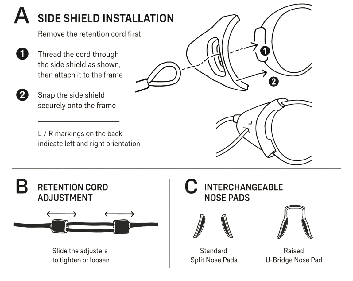 A: attach side shields · B: adjust tension strap · C: swap nose pads